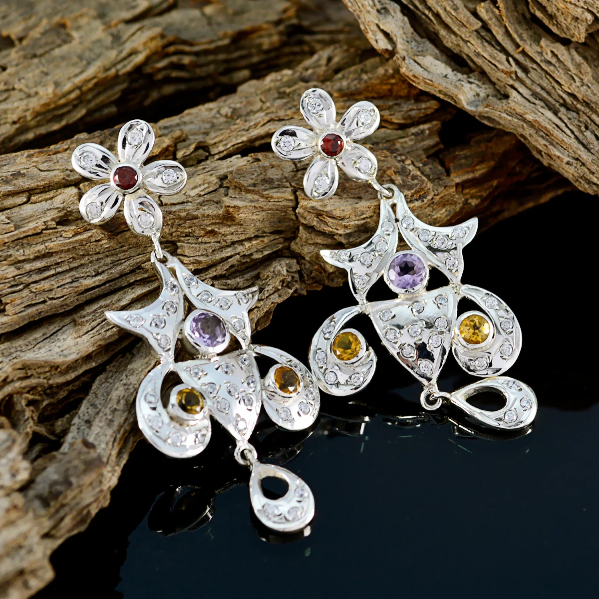Multi Indian Siti multiple Stud multicolor 92.5 Silver Earring - Image 3
