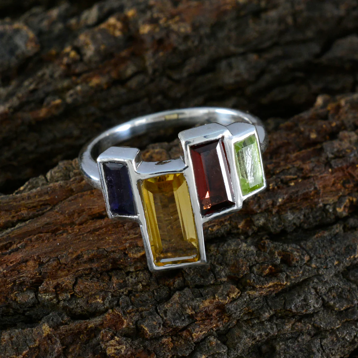 Multi Stone quarter French Sterling Silver multicolor Gemstone Featherlight Glamorous Ring Jewelry - Image 3