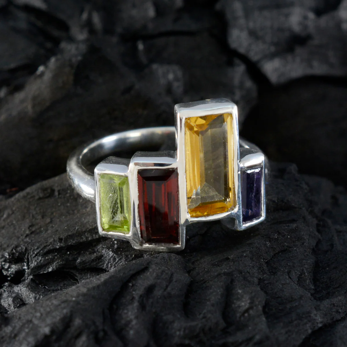 Multi Stone quarter French Sterling Silver multicolor Gemstone Featherlight Glamorous Ring Jewelry - Image 4