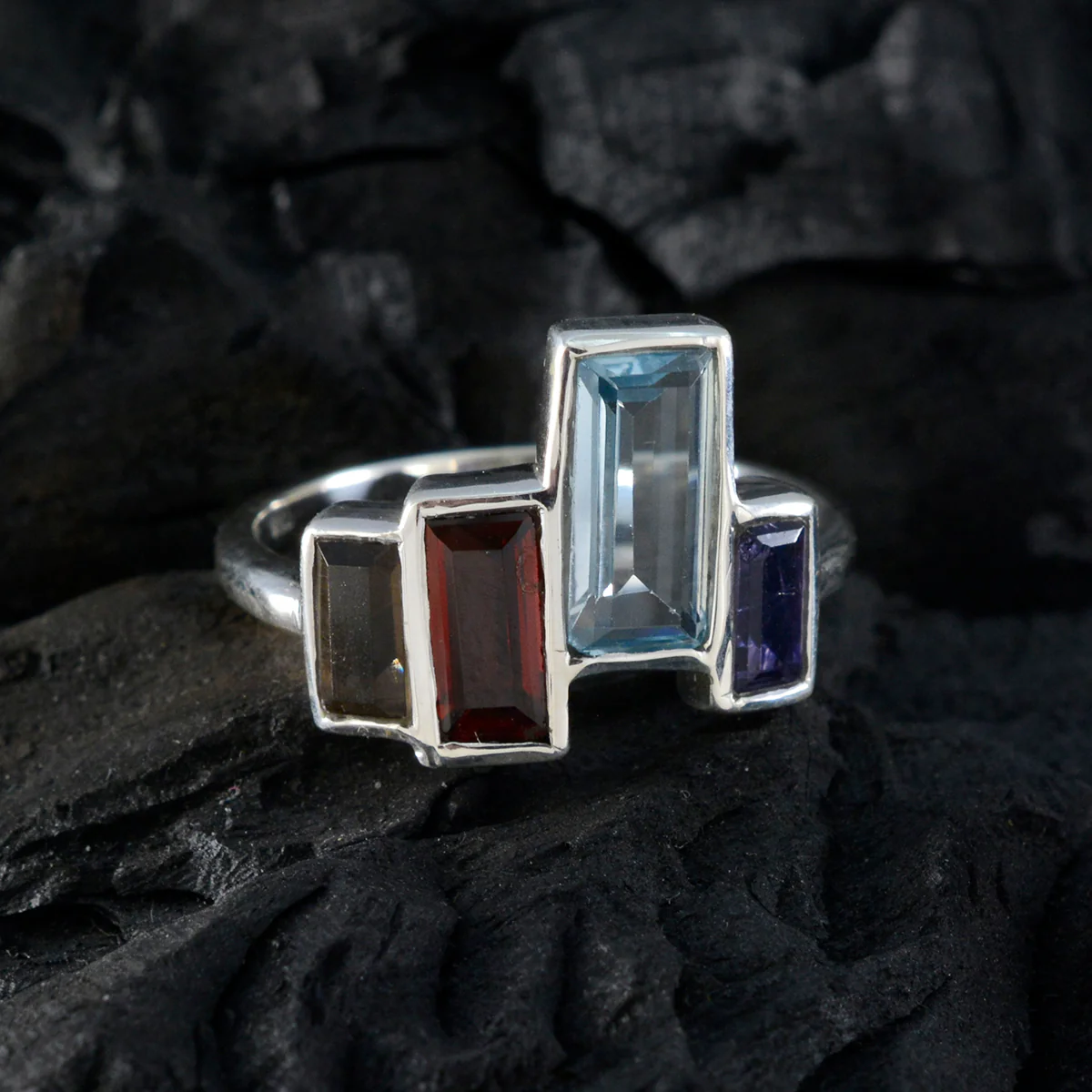 Multi Stone quarter Indian Sterling Silver multicolor Gemstones Featherlight Cocktail Ring Jewellery - Image 4