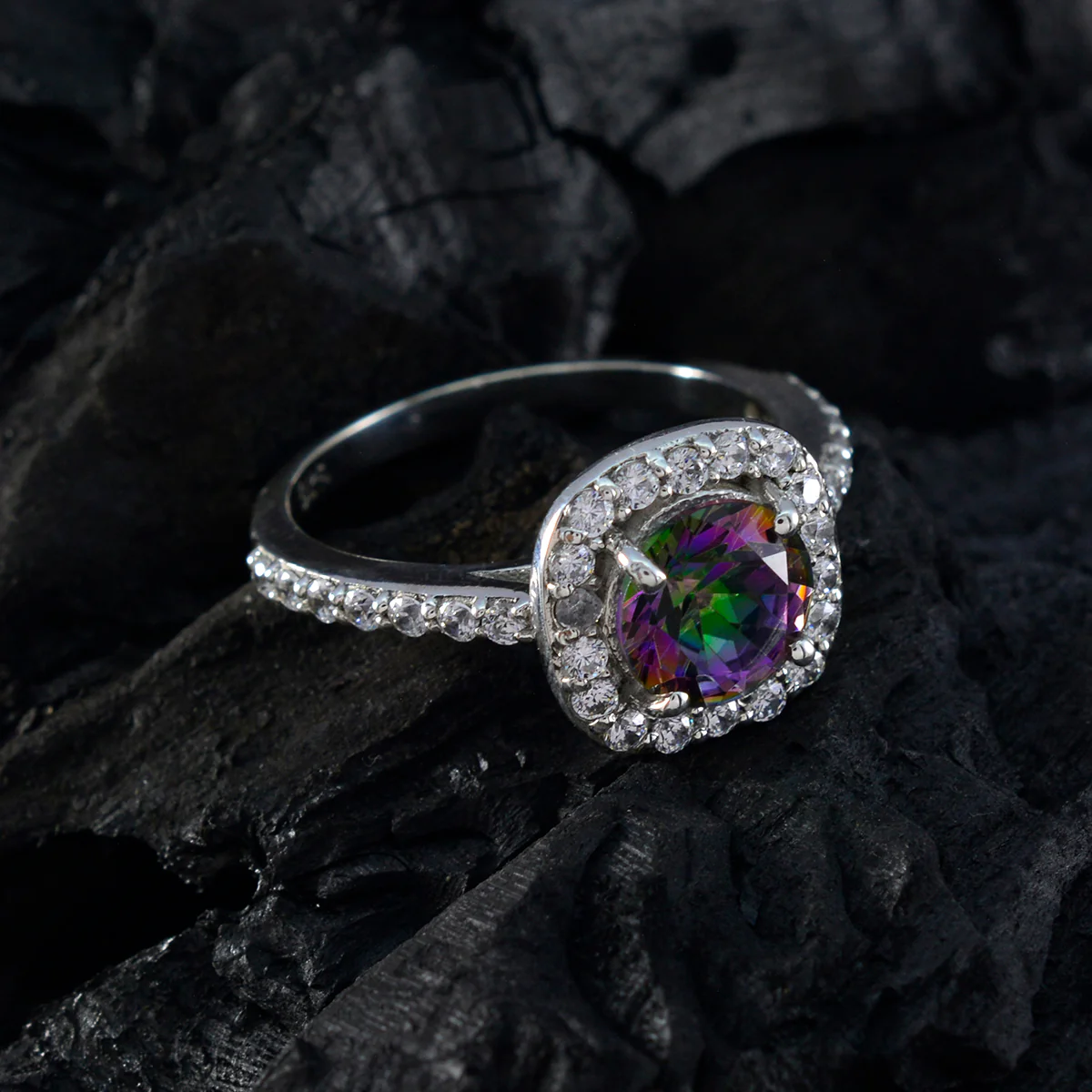 Mystic Quartz Halo Moroccan 925 Silver multicolor Gemstone Slim Graceful Ring Jewellery - Image 4