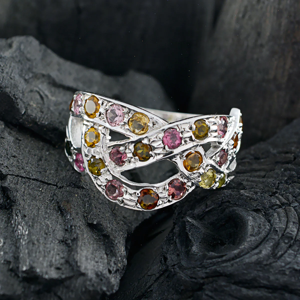 Tourmaline multiple African 925 Silver multicolor Gemstones Minimal Feminine Ring Jewellery - Image 4